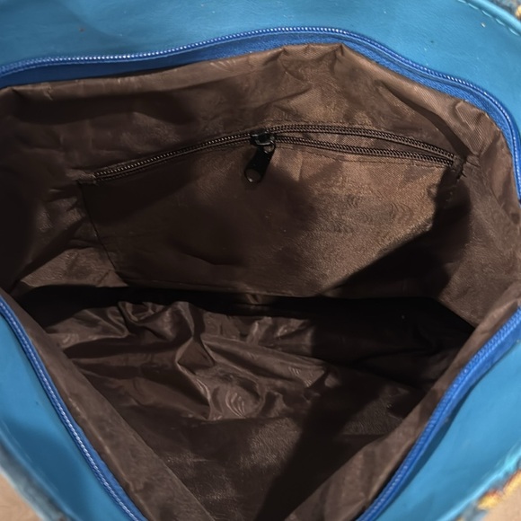 Motif Turkish Blue Tapestry & Vegan Leather Satchel Crossbody Bag - Picture 4 of 14